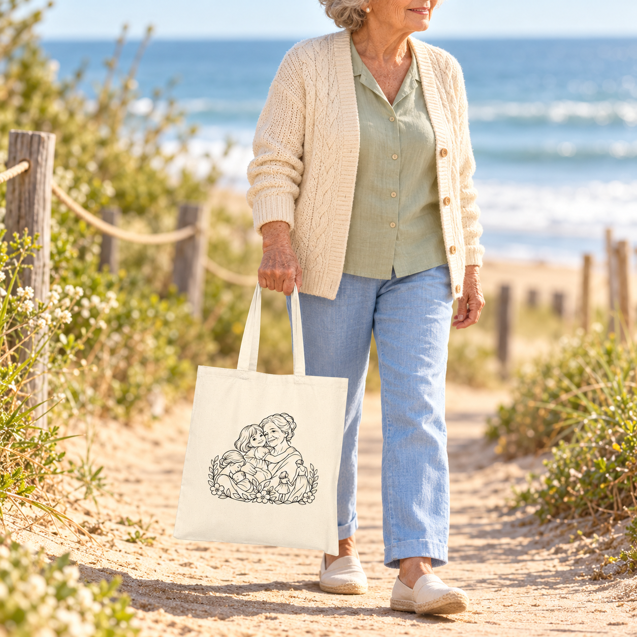 Woman carrying a Grandmother/Girl Floral canvas tote by its handles while walking on a coastal path.