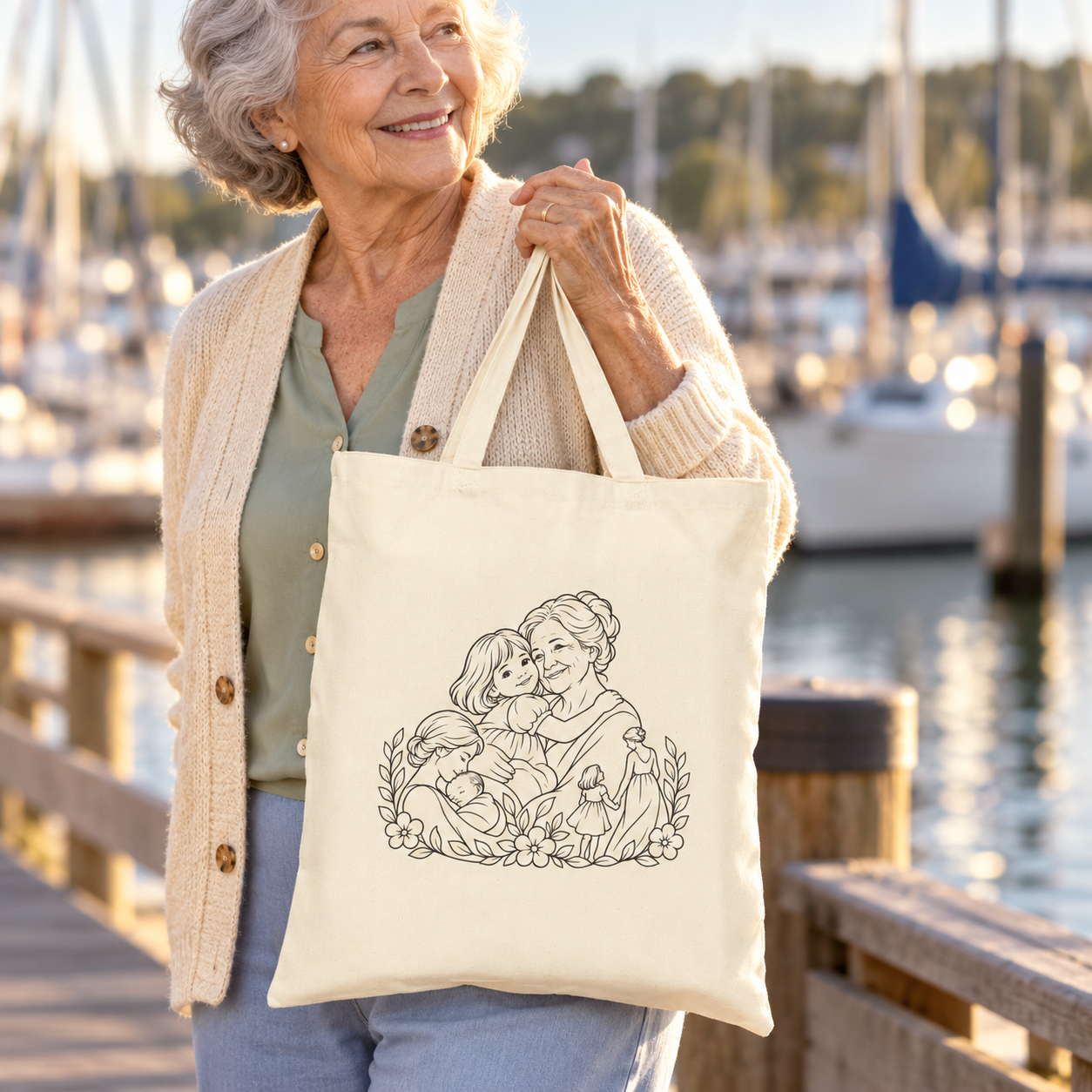 Older woman holding a Grandmother/Girl Floral canvas tote over her shoulder beside a marina.