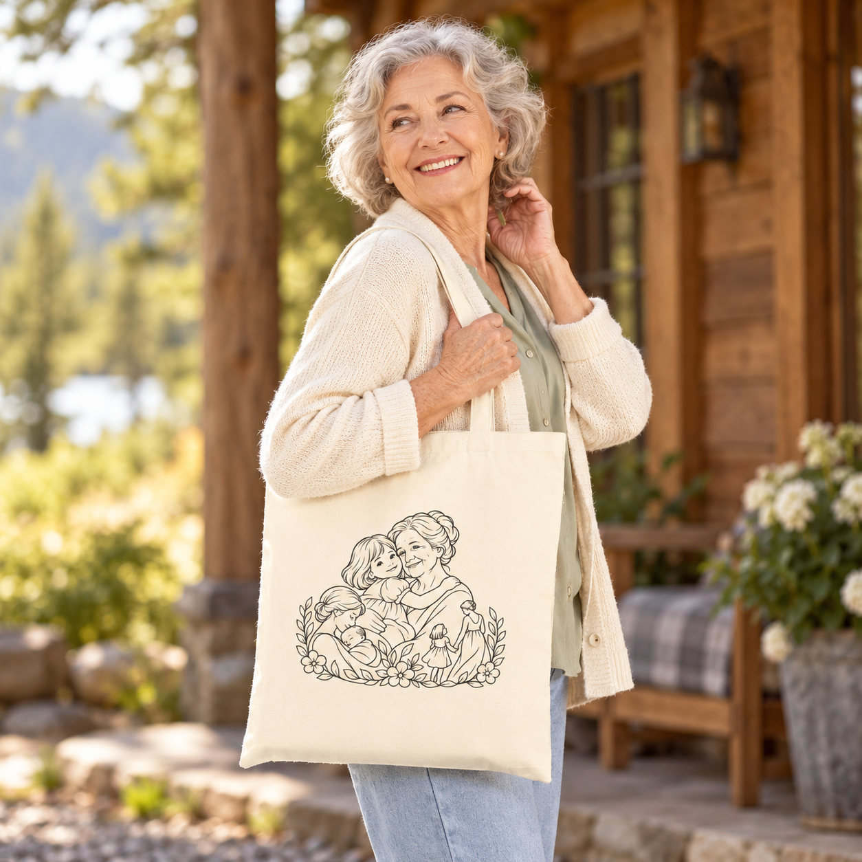 Older woman facing the camera with a Grandmother/Girl Floral canvas tote over her shoulder outside a wooden cabin.