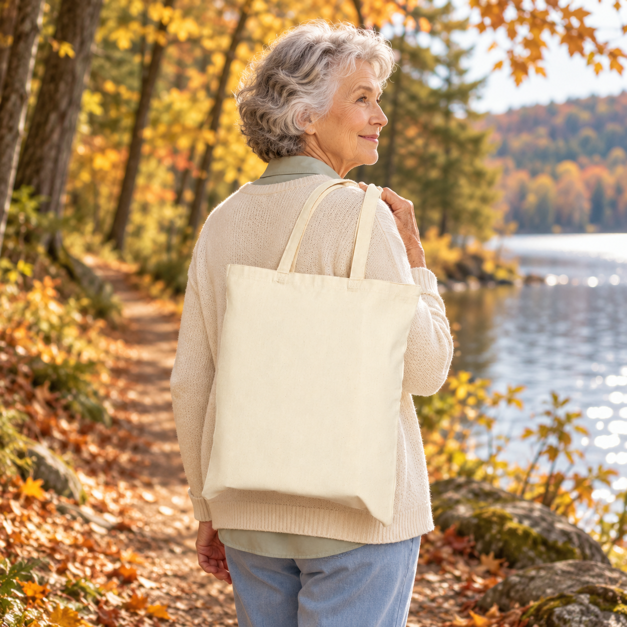 Older woman carrying a natural canvas tote with its plain reverse side visible beside an autumn lake.