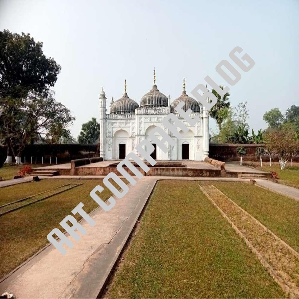 White Triple-Domed Mausoleum of Nawab Alivardi Khan with Central Pathway Through Manicured Garden - Khushbagh Cemetery, Murshidabad, West Bengal
