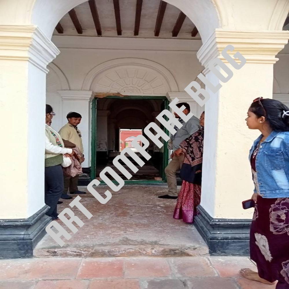 Tourists Standing at Entrance of White Arched Mausoleum Hallway Looking Towards Red Gateway - Khushbagh Tomb Interior Corridor, Murshidabad