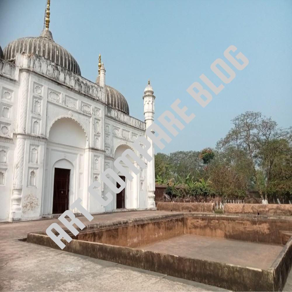 White Triple-Domed Mausoleum of Nawab Alivardi Khan with Ornate Arched Doorways and Gold Finials - Side View of Khushbagh Tomb, Murshidabad