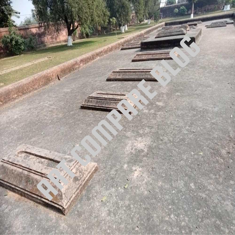 Multiple Ancient Stone Graves in Row on Concrete Terrace with Garden and Trees - Khushbagh Cemetery Royal Family Tombs, Murshidabad