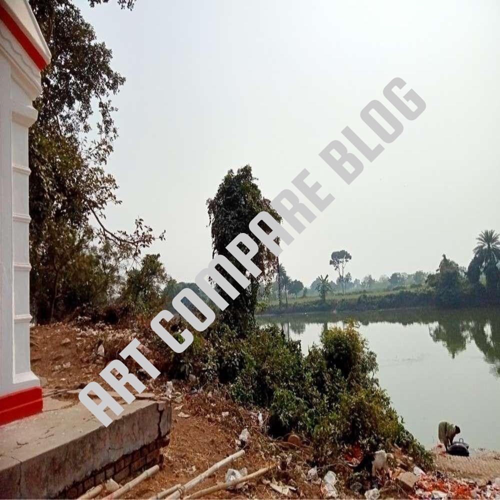 White and Red Temple Corner on Riverbank with Calm Water and Greenery Reflection - Murshidabad Riverside Landscape