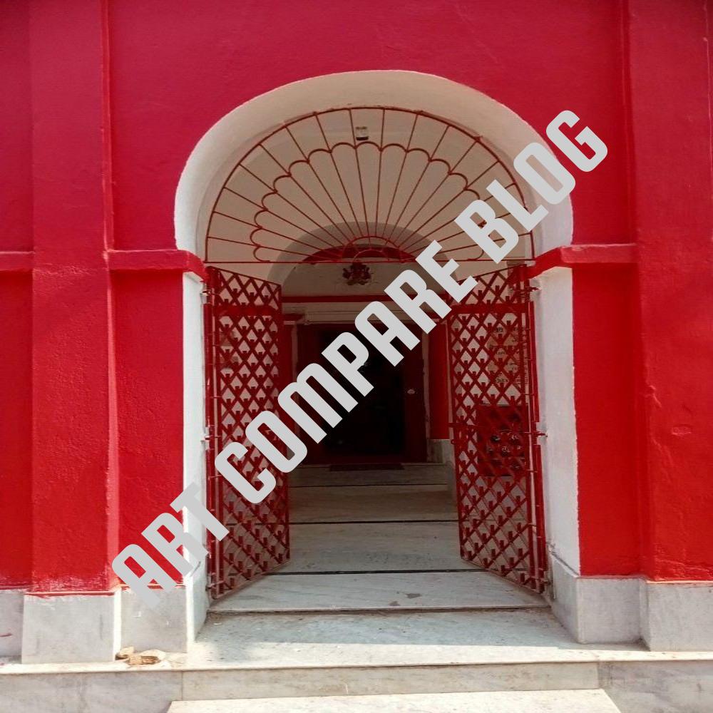 Bright Red Arched Temple Entrance with Open Decorative Iron Gates and Marble Steps - Murshidabad Hindu Temple Doorway
