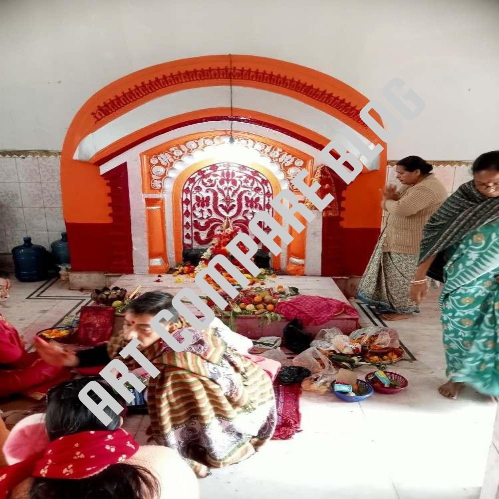 Hindu Priest Performing Puja Ritual with Devotees Praying Inside Temple Sanctum with Flower Decorated Shrine - Murshidabad