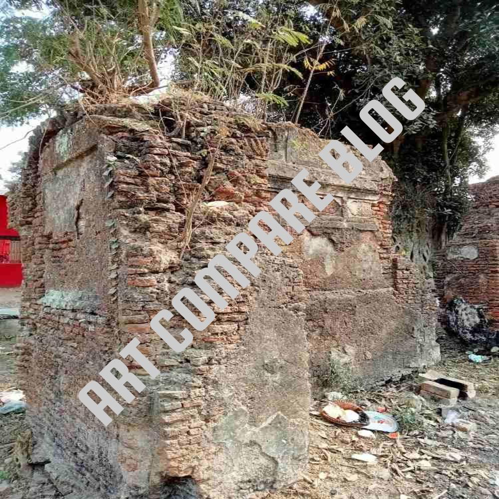 Ruined Old Brick Wall Structure with Grass Growing on Top and Weathered Plaster - Murshidabad Ancient Temple Remains