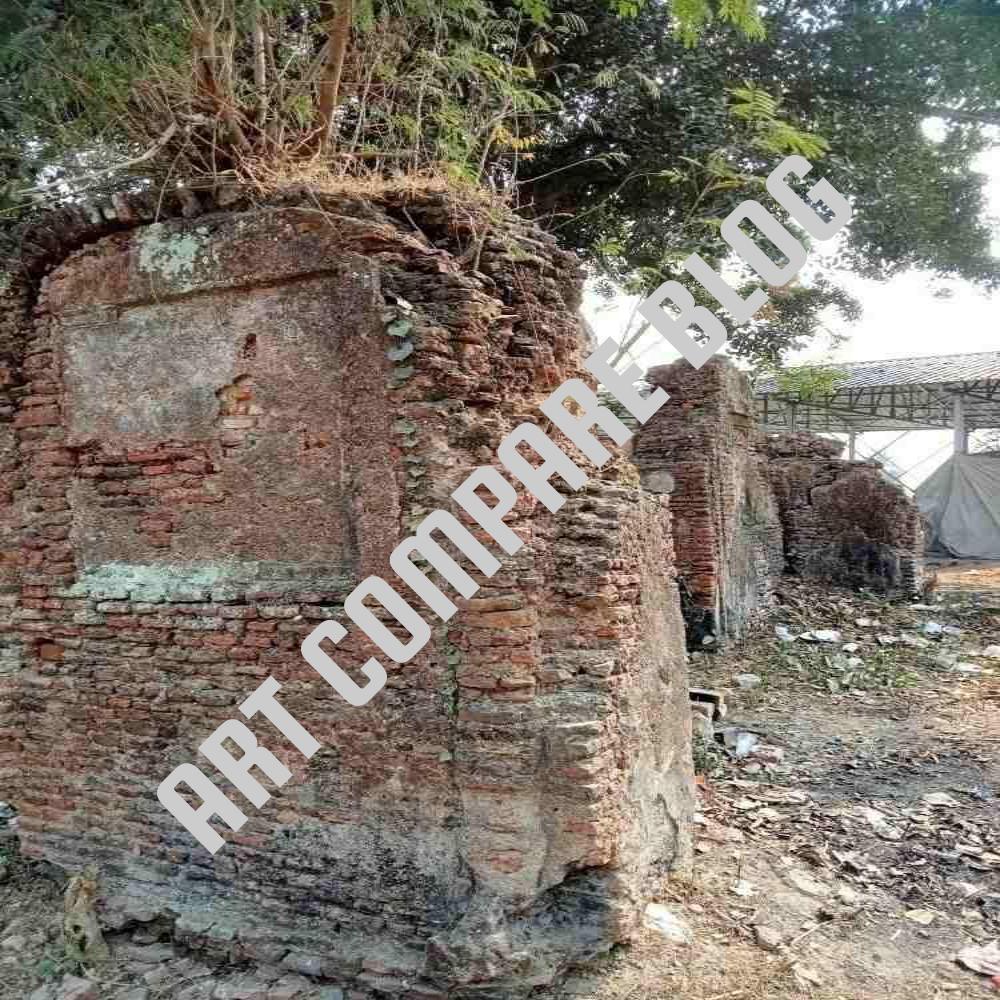Collapsed Ancient Brick Temple Ruins with Crumbling Walls and Dry Leaves on Ground - Murshidabad Heritage Archaeological Site