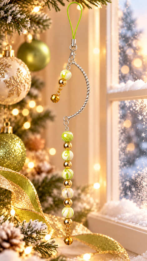 Golden lime beaded Christmas decoration hanging beside a festive tree with gold and green ornaments and warm Christmas lights.