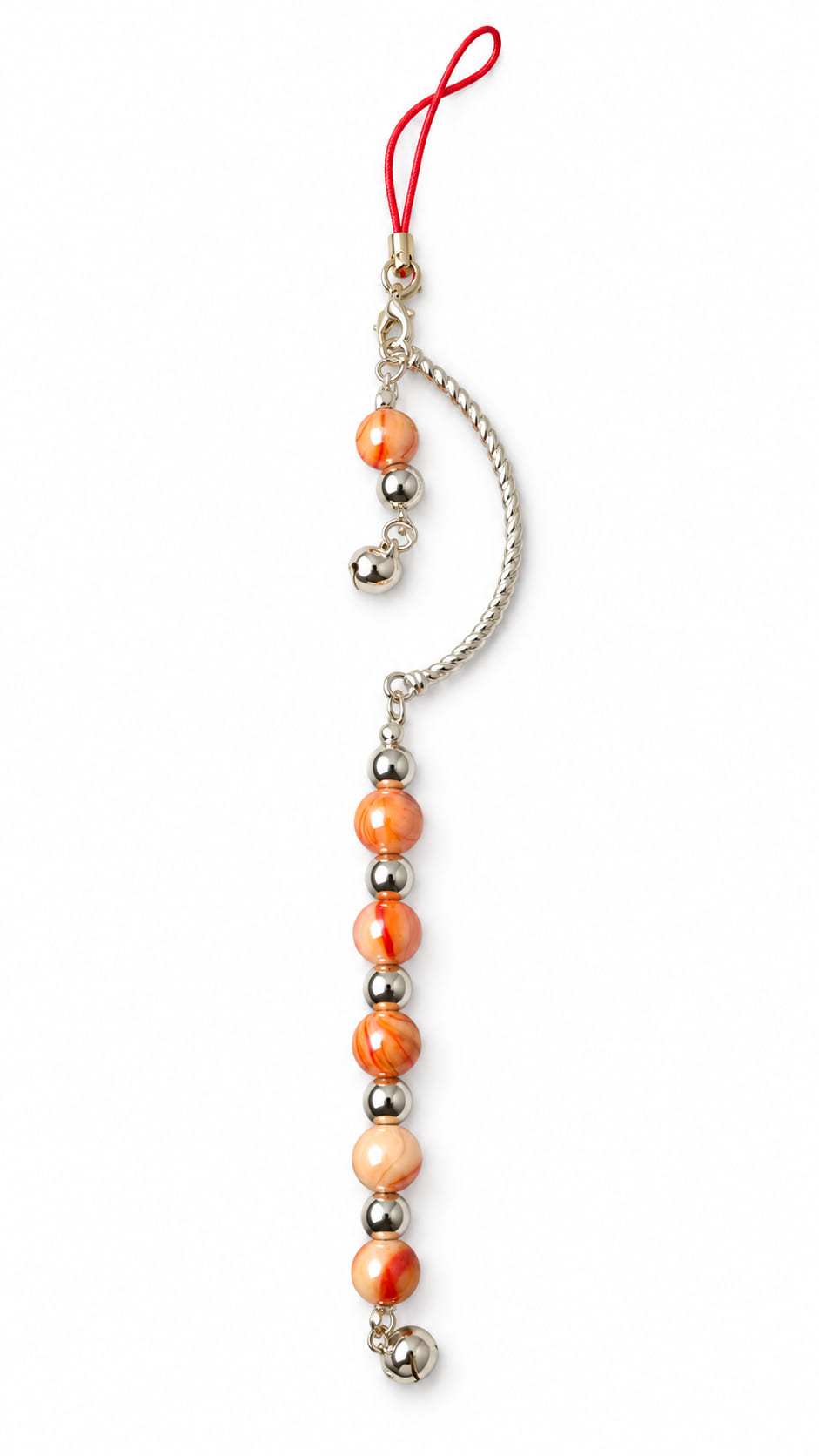 Handmade orange and silver Christmas hanging decoration with marbled orange beads, polished silver beads, crescent detail and jingle bells.