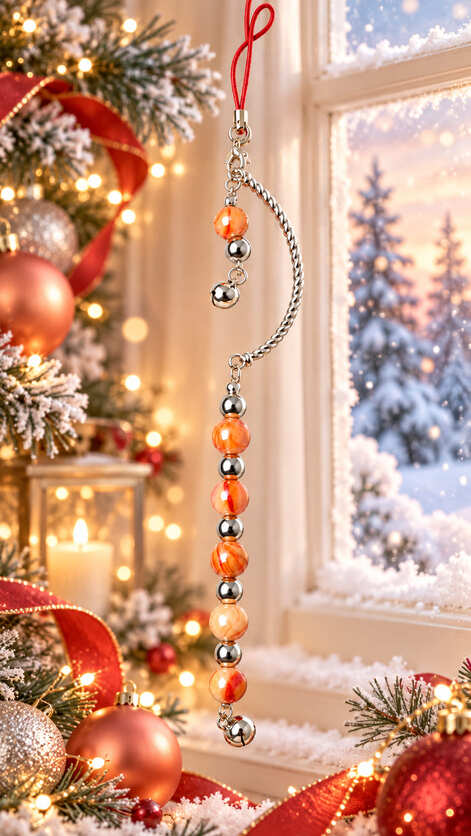 Orange and silver beaded Christmas ornament displayed beside a festive tree with warm lights and red and copper decorations.