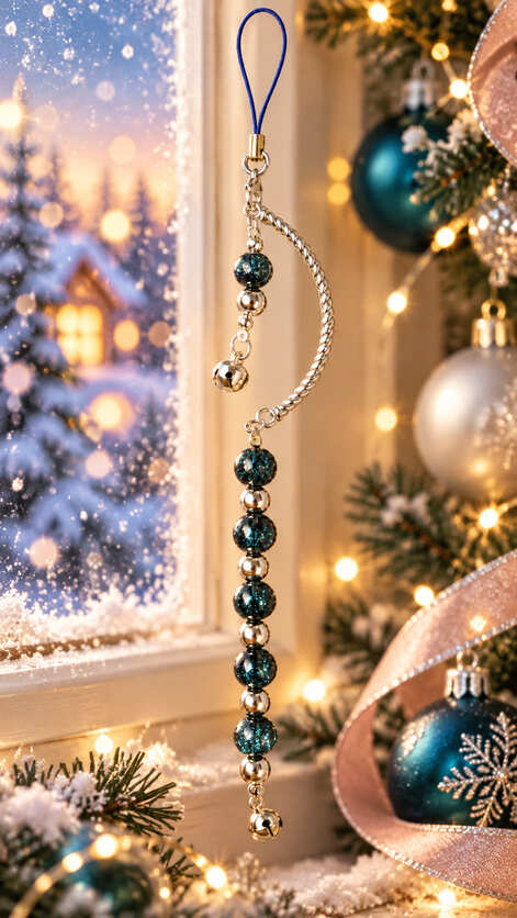 Midnight teal and silver beaded Christmas ornament hanging beside a festive tree with blue baubles, snow and warm Christmas lights.