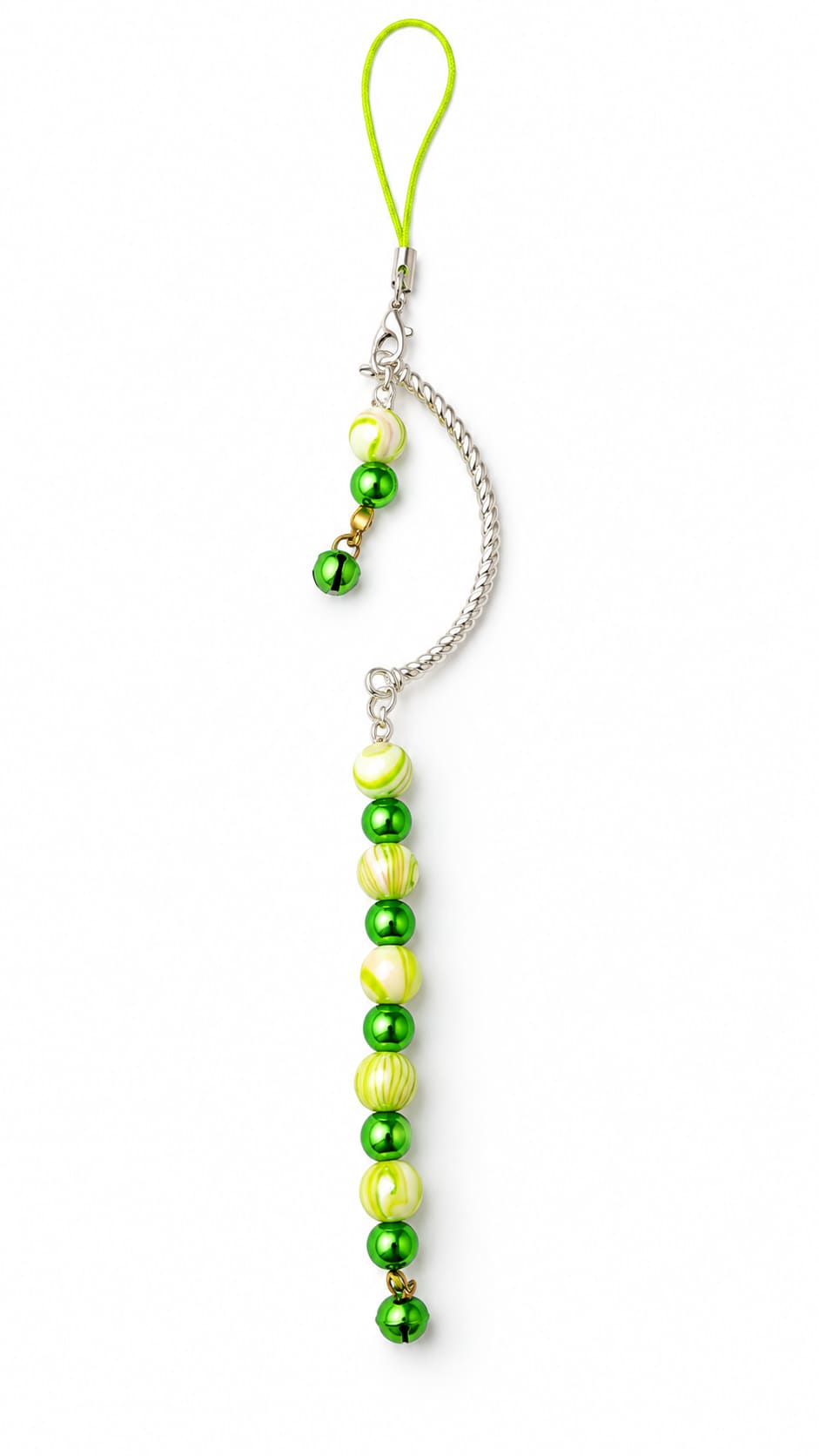 Handmade green Christmas hanging decoration with green and white swirl beads, metallic green beads, silver crescent and matching jingle bells.