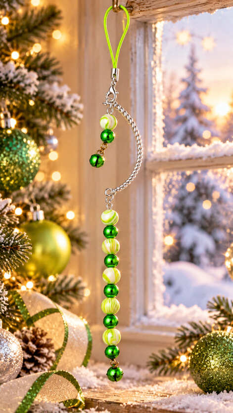 Evergreen green beaded Christmas decoration hanging beside a festive tree with green and gold baubles and warm Christmas lights.