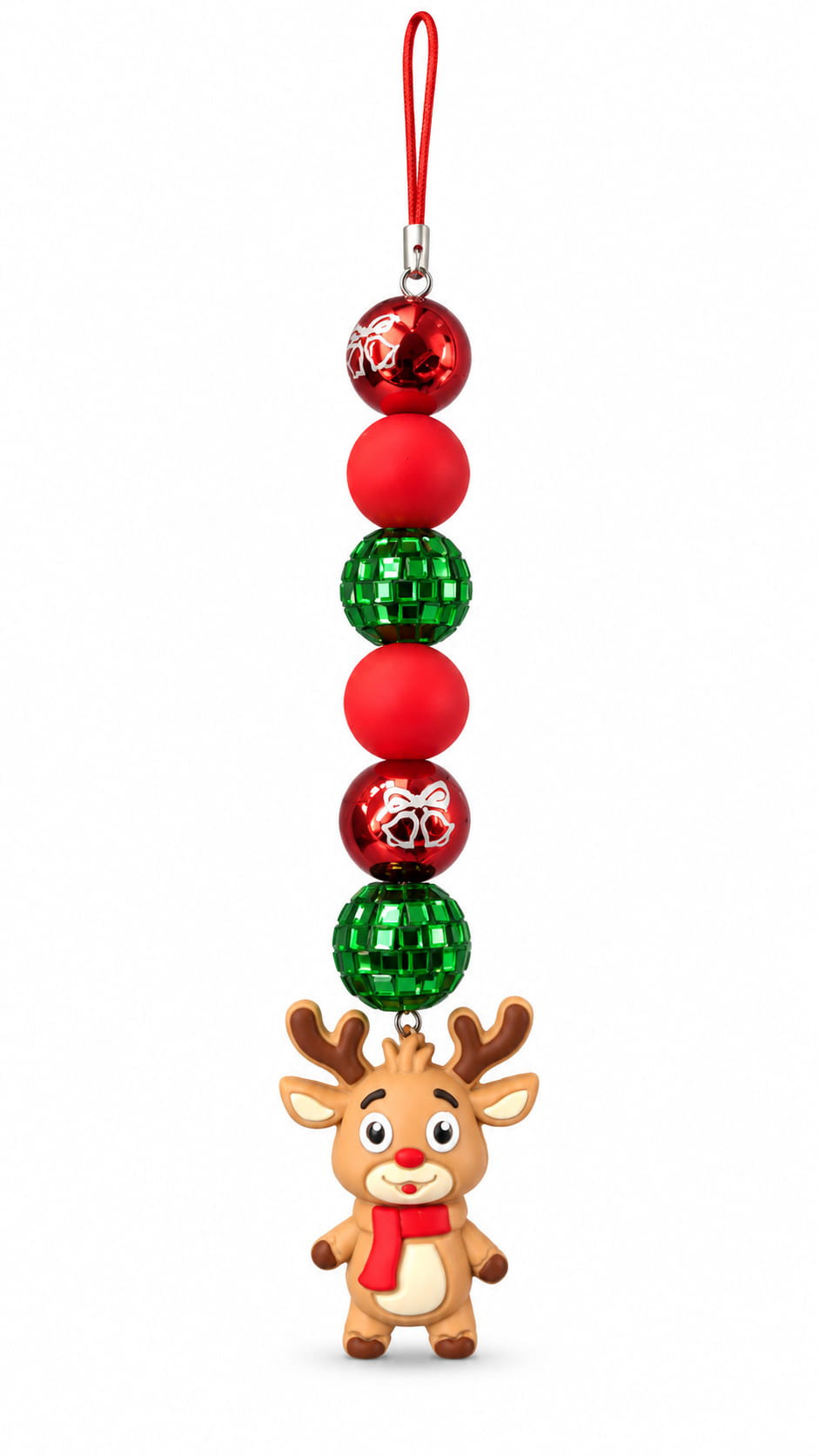 Handmade red and green beaded Christmas hanging decoration with sparkling green beads, festive red beads and a cute reindeer charm with red scarf.