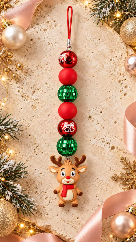 Handmade reindeer Christmas decoration with red and green beads displayed among festive lights, gold ornaments, ribbon and snowy Christmas foliage.