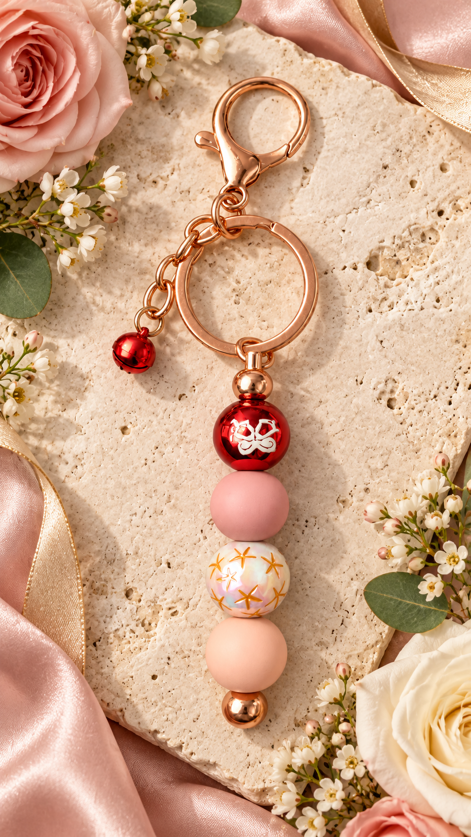 Blush pink and red handmade Christmas beaded keychain with rose-gold-tone clasp displayed among pink satin, roses and delicate white flowers.