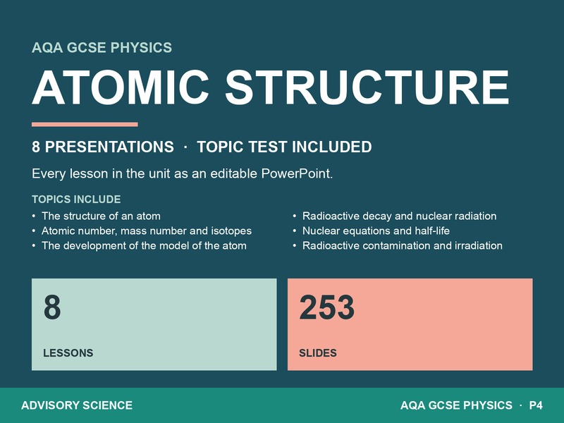AQA GCSE Physics P4 Atomic Structure | 8 Lesson Presentations and Topic Test: cover