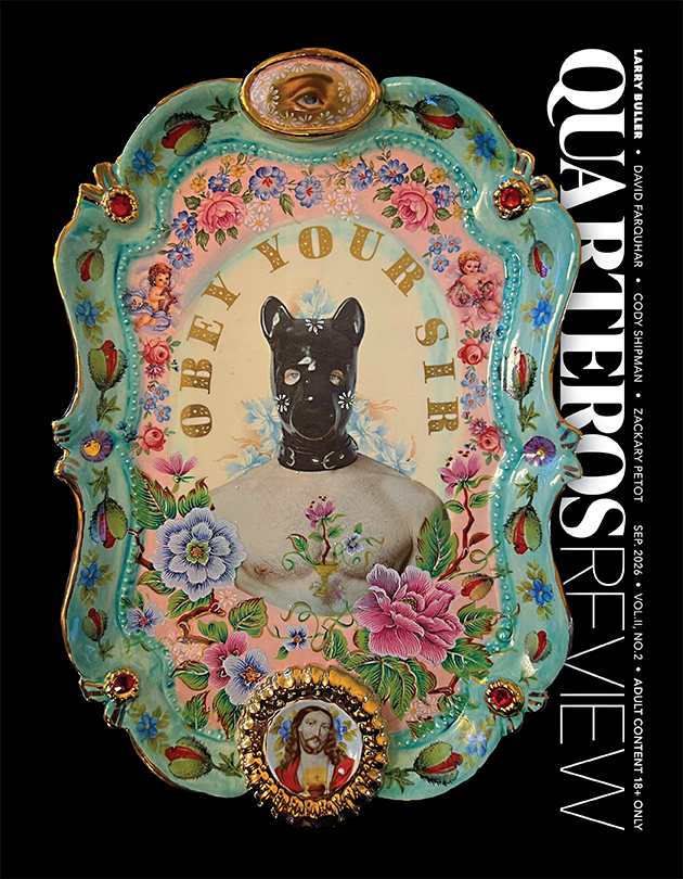 Cover of indie gay art magazine Quarteros Review, featuring an ornate, pastel ceramic plate with a gay male in a leather collar and pup hood in the middle, created by gay artist Larry Buller.