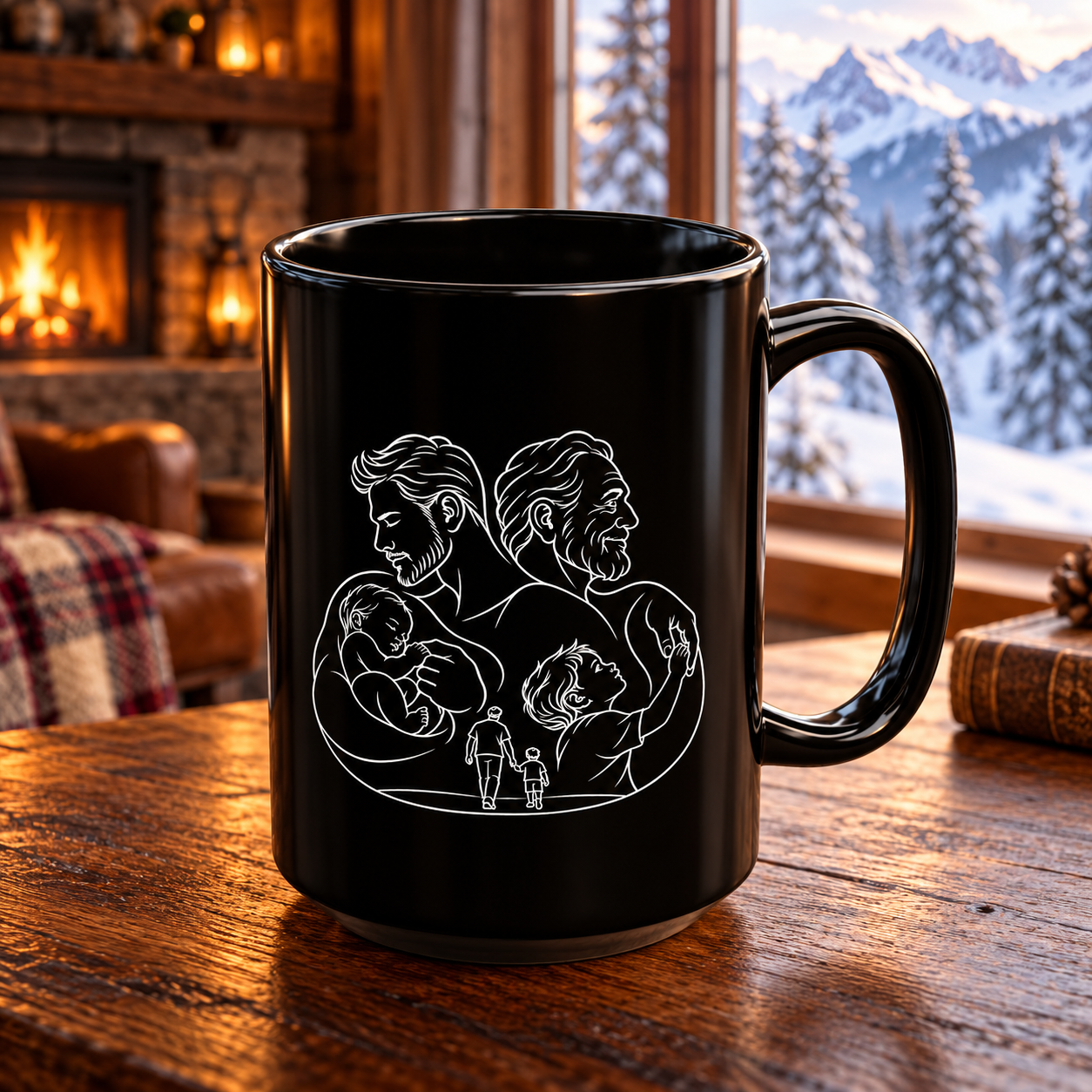 Fatherhood 15oz black ceramic mug with white family line artwork on a wooden table beside a fireplace and snowy mountain view.