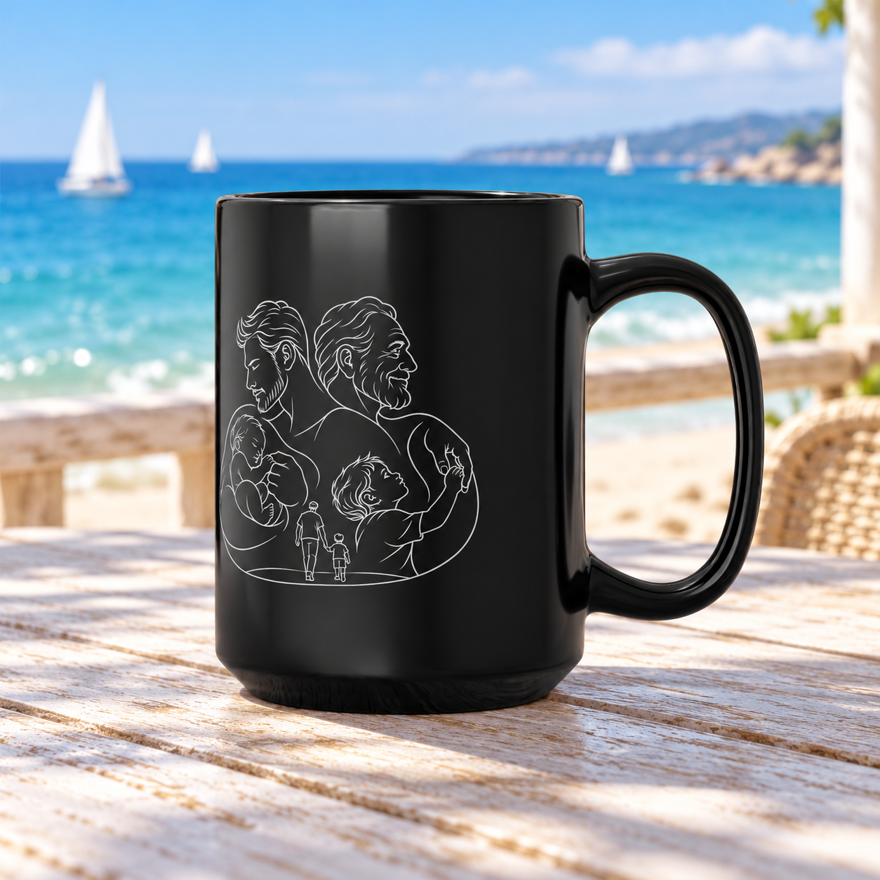 Fatherhood 15oz black ceramic mug with white family line artwork and handle facing right, with blue ocean and sailboats behind it.