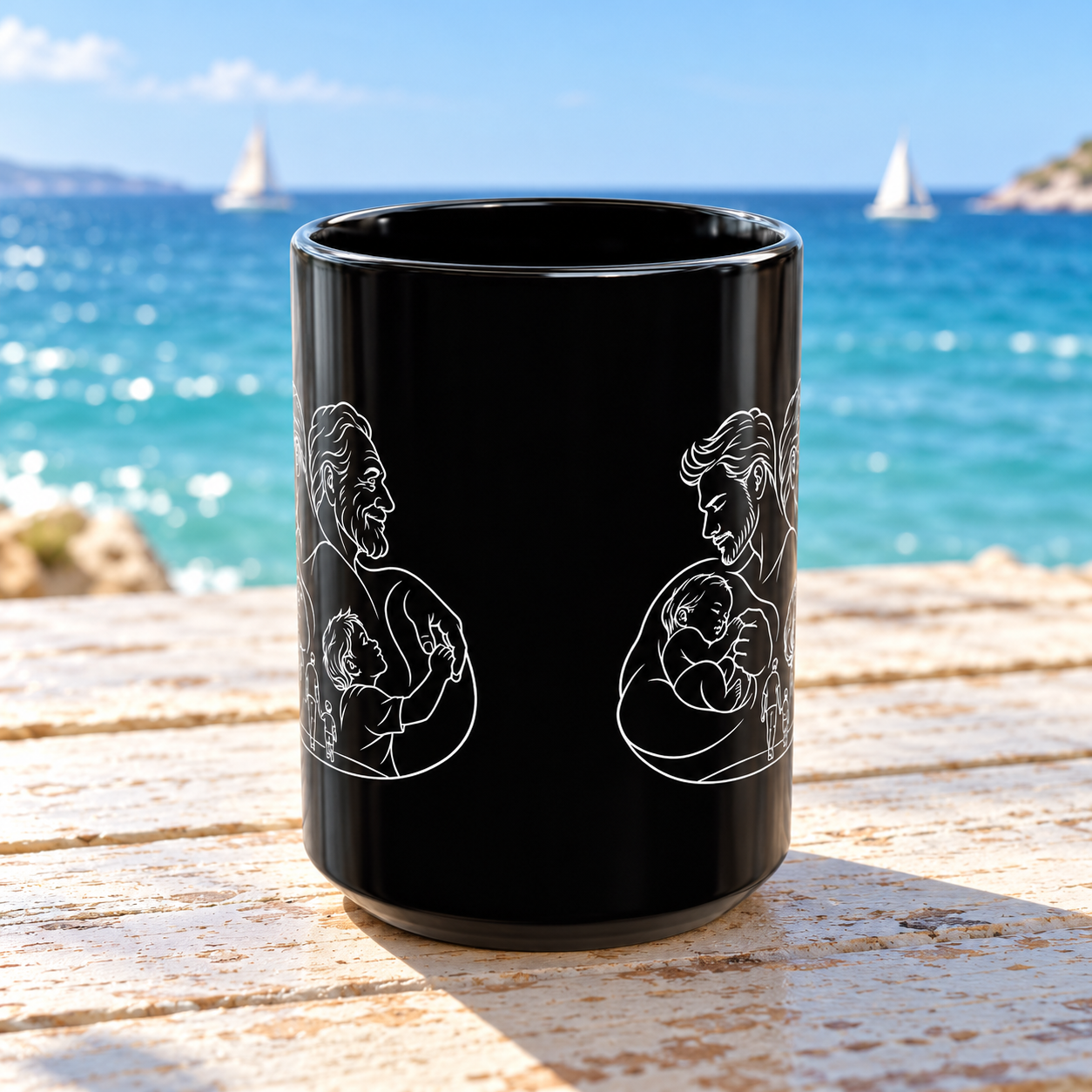 Fatherhood black ceramic mug showing the white artwork wrapping around both sides, on a wooden table overlooking the ocean.
