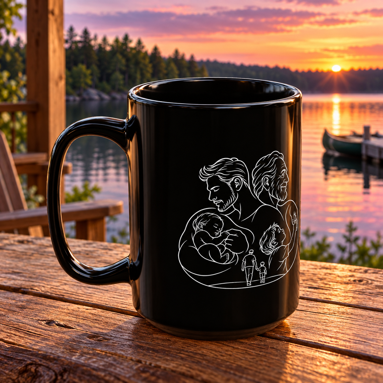 Fatherhood 15oz black ceramic mug with white family line artwork and handle facing left, on a wooden table beside a lake at sunset.