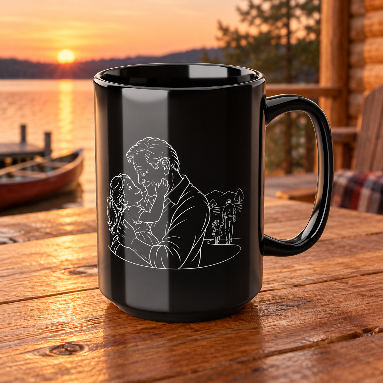 Grandfather/Girl black ceramic mug with white family line artwork and handle facing right, on a wooden table beside a lake at sunset.