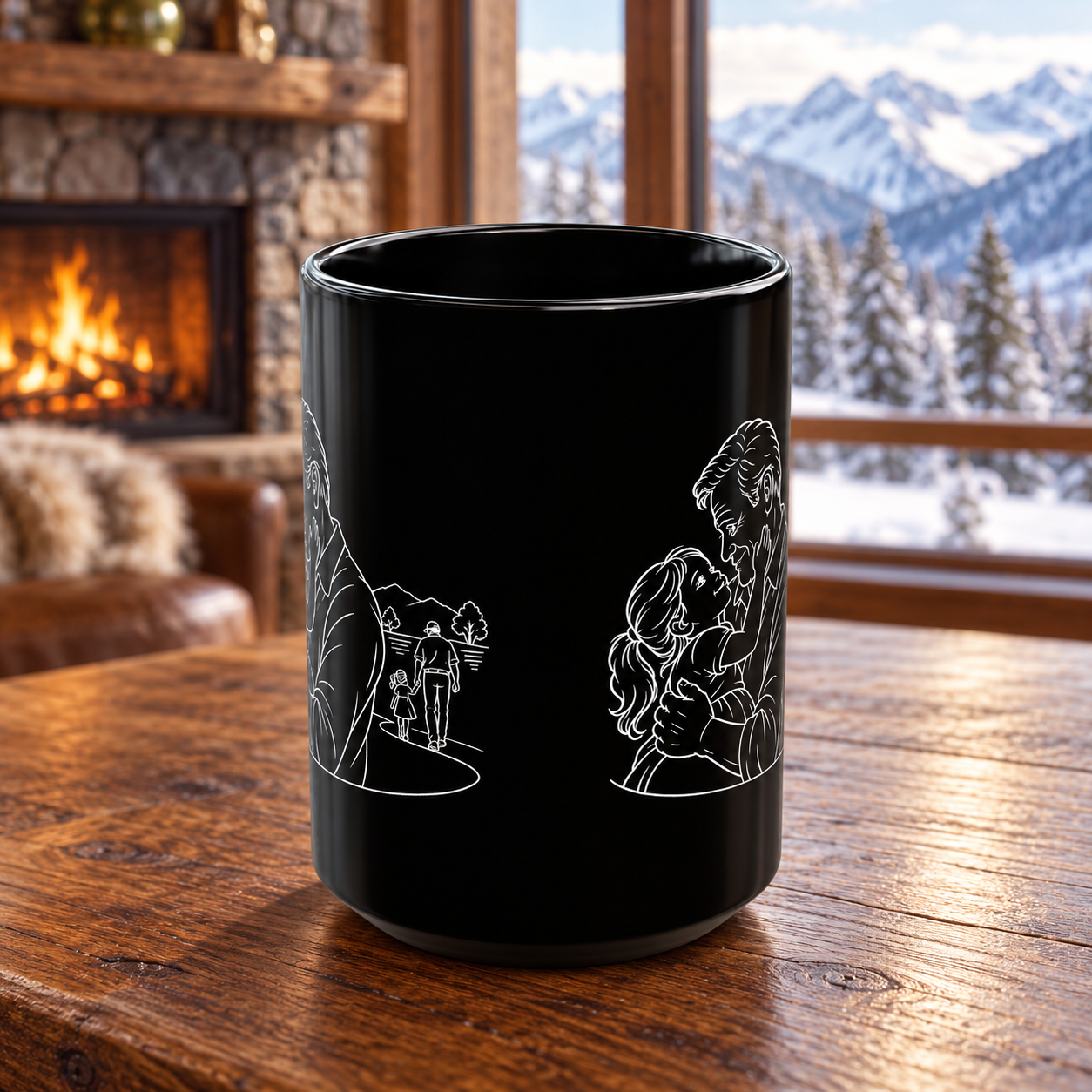 Grandfather/Girl black ceramic mug showing white artwork on both sides, on a wooden table beside a fireplace and snowy mountain view.