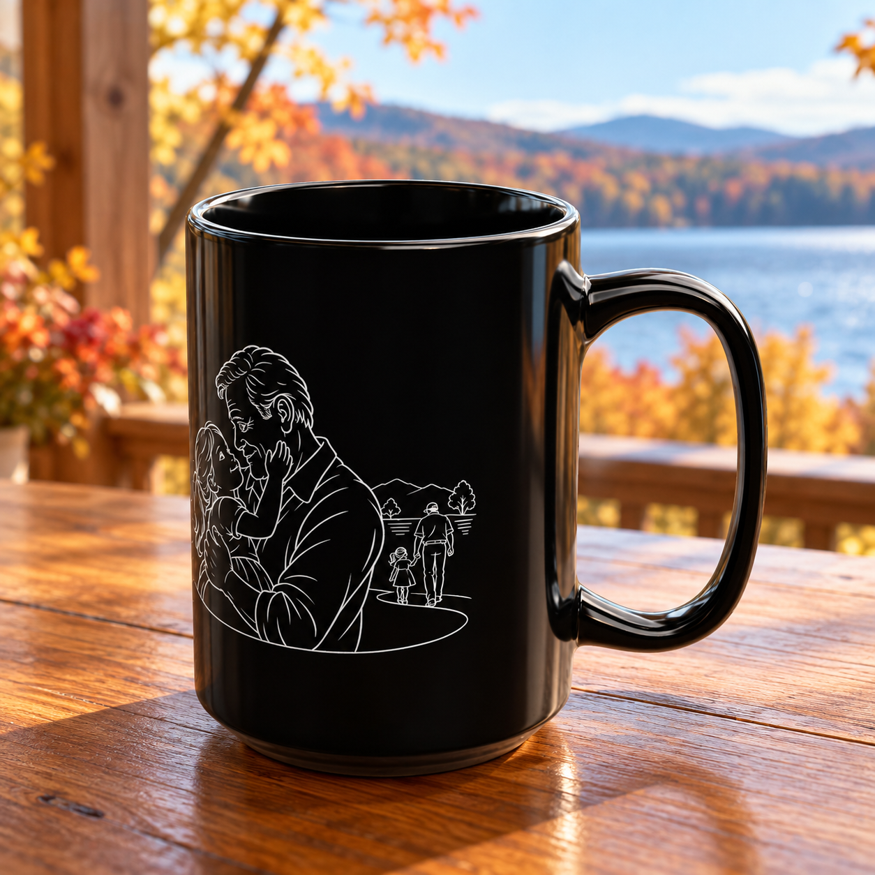 Grandfather/Girl black ceramic mug with white line artwork and handle facing right, beside a window overlooking autumn trees and a lake.
