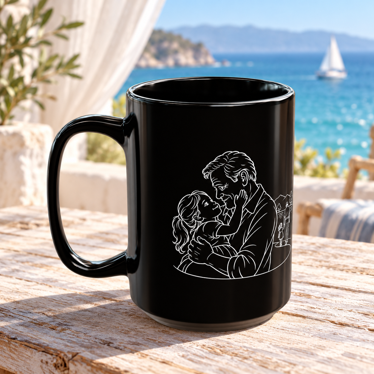 Grandfather/Girl black ceramic mug with white line artwork of a grandfather holding a little girl, handle facing left, with blue ocean and a sailboat behind it.