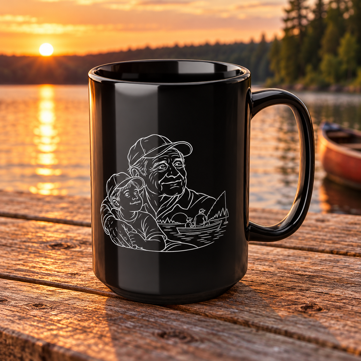 Grandfather/Boy black ceramic mug with white family line artwork and handle facing right, on a wooden table beside a lake at sunset.