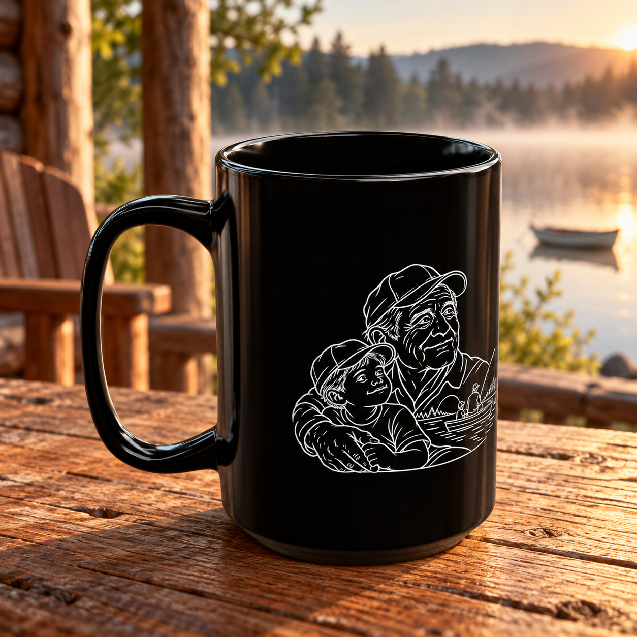 Grandfather/Boy black ceramic mug with white line artwork of a grandfather and little boy, handle facing left, beside a cabin window overlooking a lake.