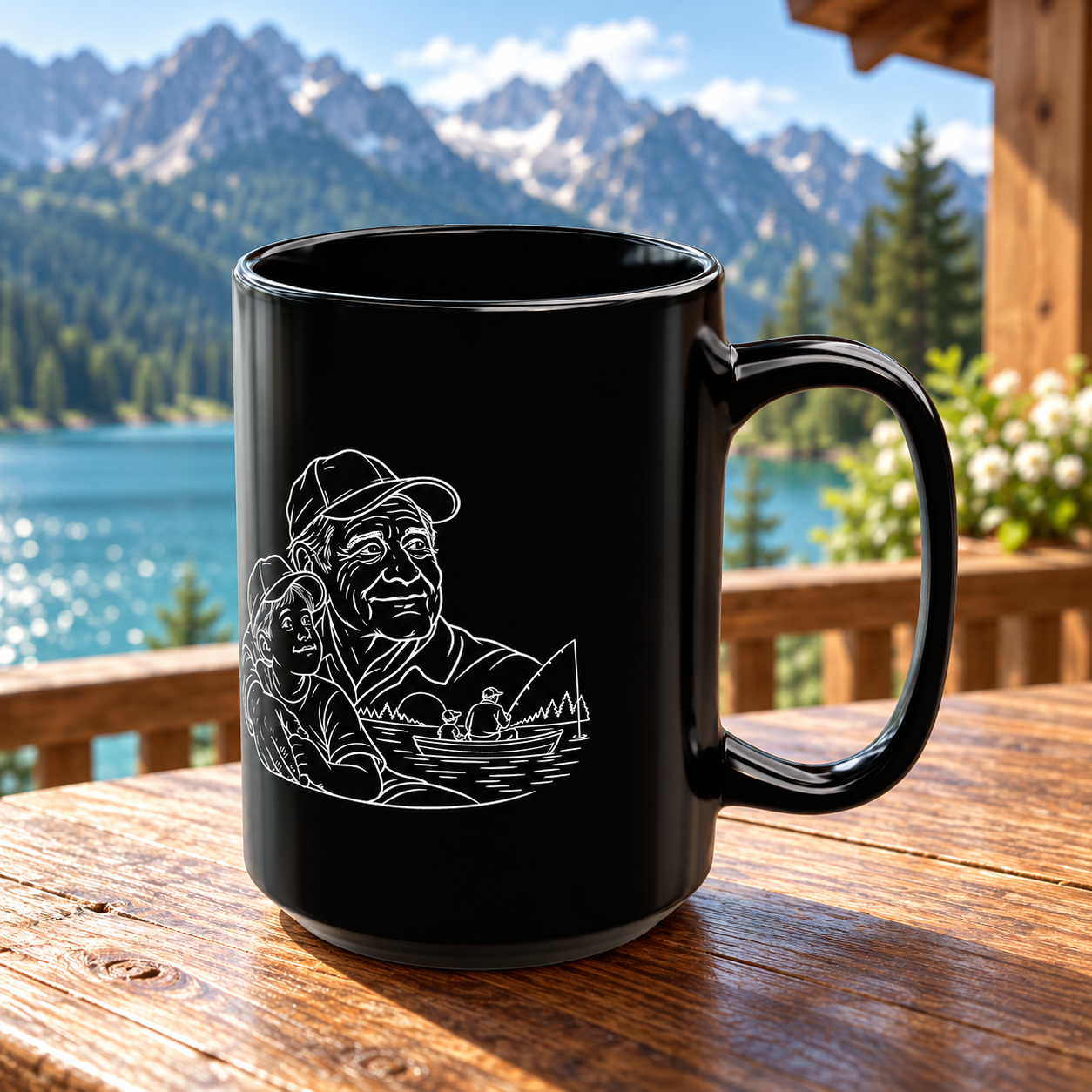 Grandfather/Boy black ceramic mug with white line artwork and handle facing right, on a wooden table overlooking a blue lake and pine-covered mountains.