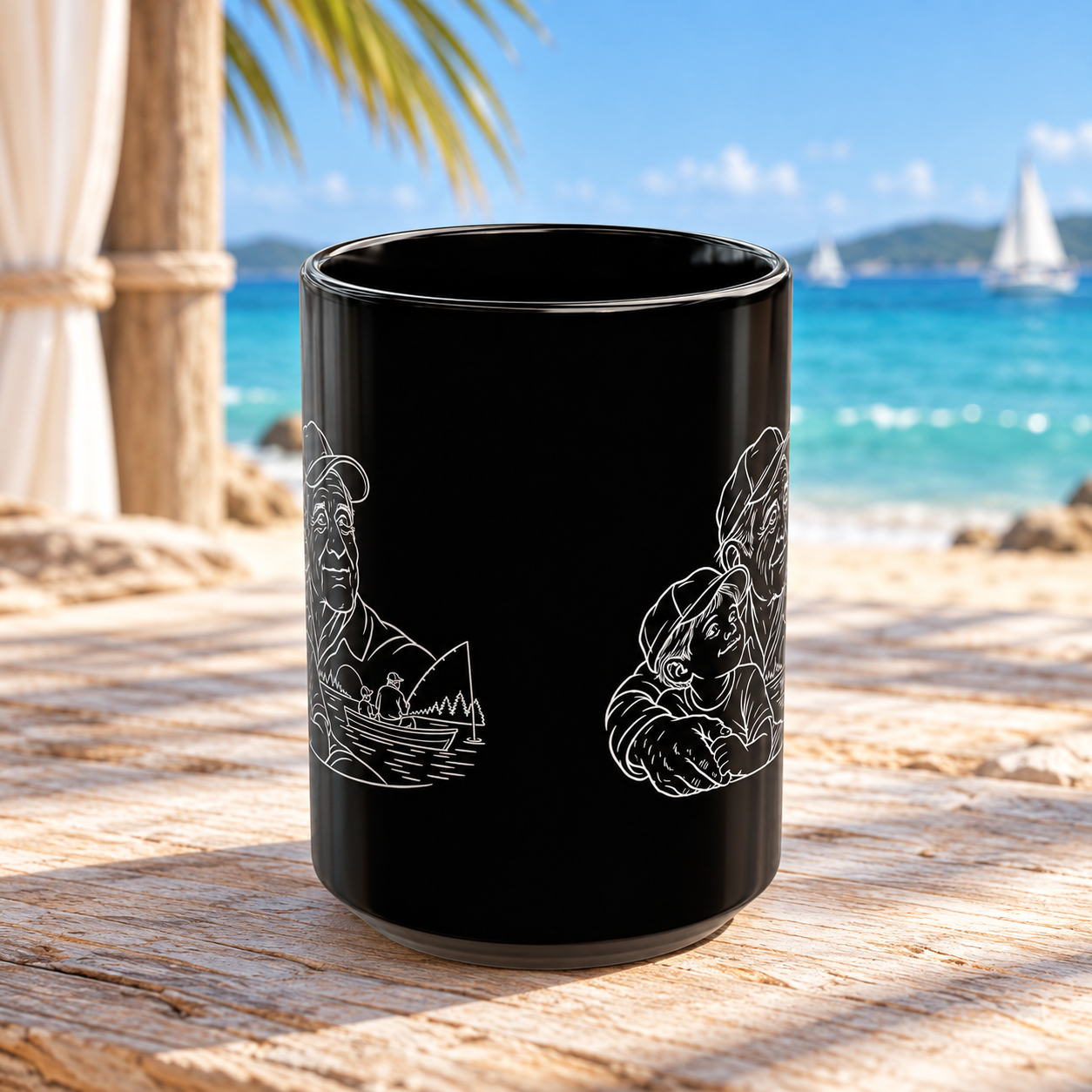 Grandfather/Boy black ceramic mug showing white artwork on both sides, on a wooden table with blue ocean and a sailboat in the background.