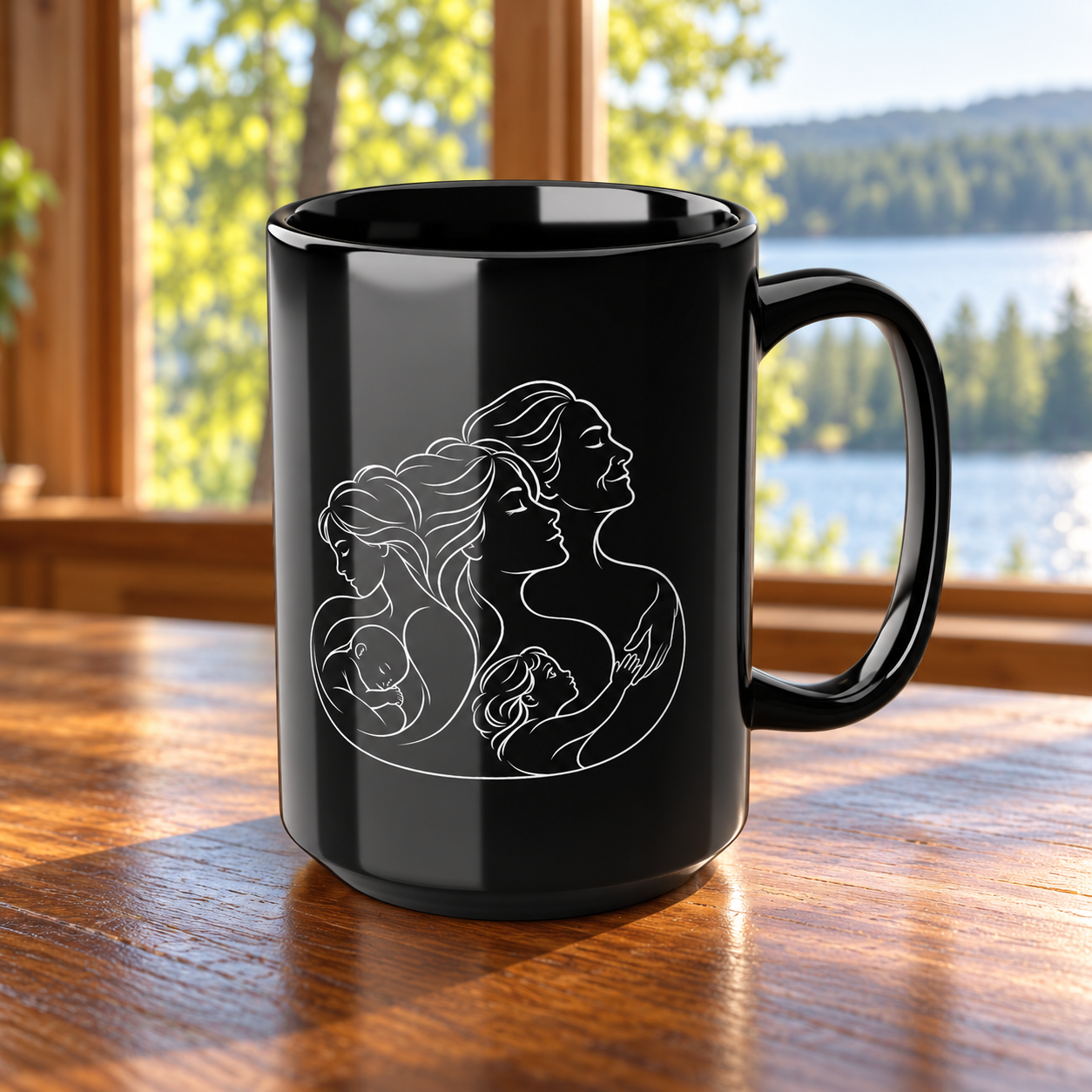 Motherhood black ceramic mug with white line artwork and handle facing right, beside a sunlit window overlooking trees and a lake.
