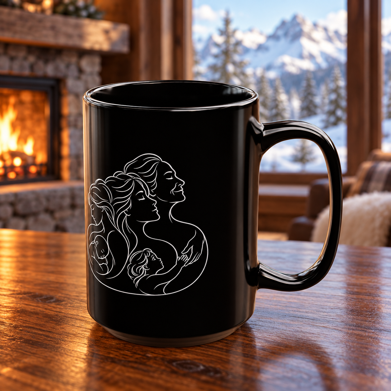 Motherhood black ceramic mug with white line artwork and handle facing right, on a wooden table beside a fireplace and snowy mountain view.