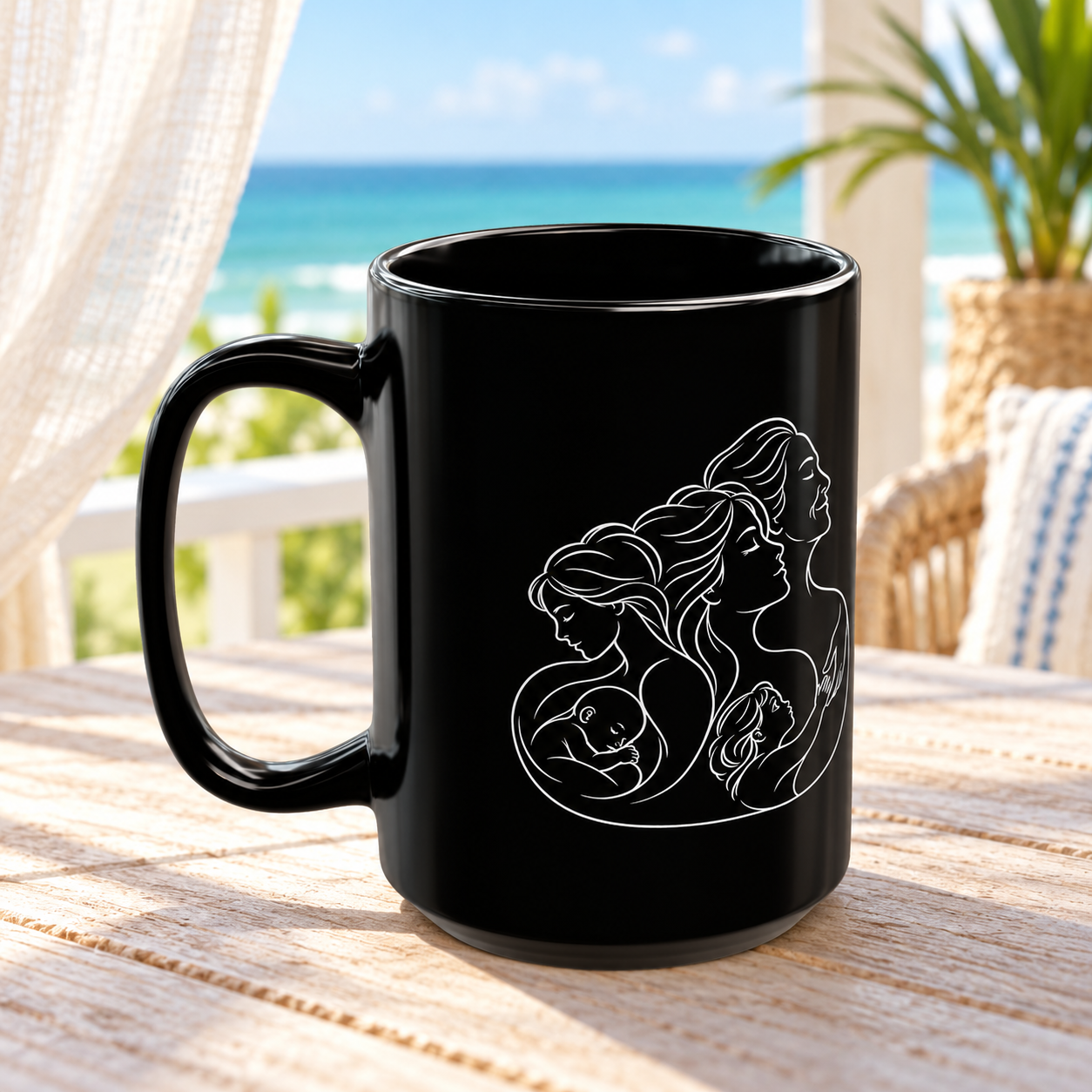 Motherhood black ceramic mug with white generational line artwork and handle facing left, on a wooden table with blue ocean beyond sheer curtains.