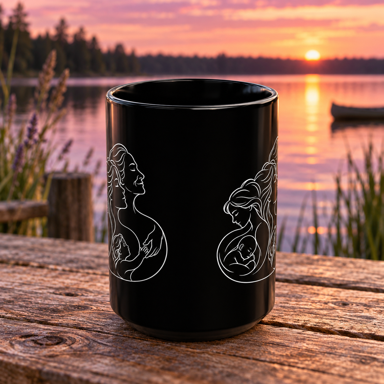 Motherhood black ceramic mug showing white artwork on both sides, on a wooden table beside a lake at sunset.