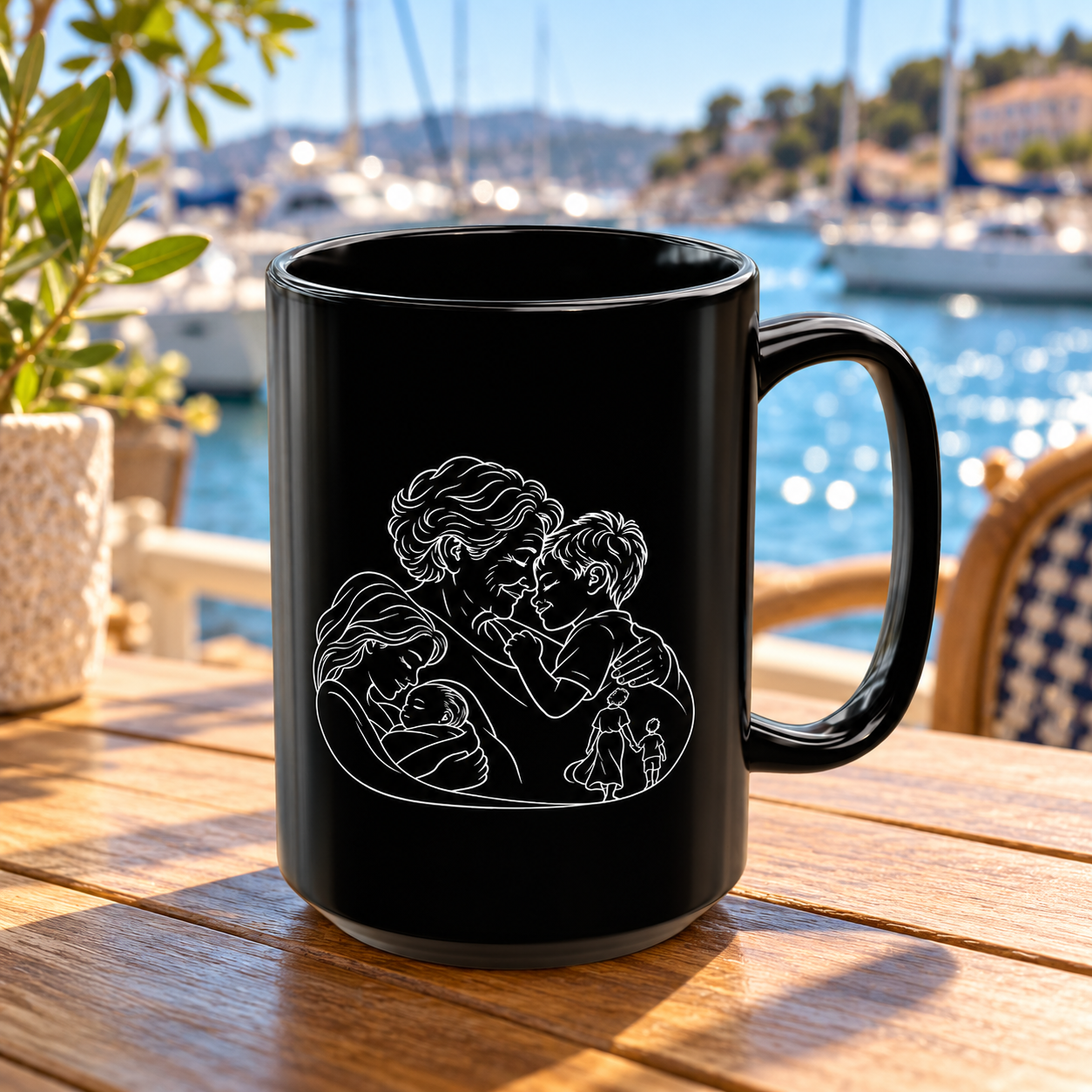 Grandmother/Boy 15oz black ceramic mug with white line artwork of a grandmother and little boy, handle facing right, on a wooden table overlooking a sunny marina.