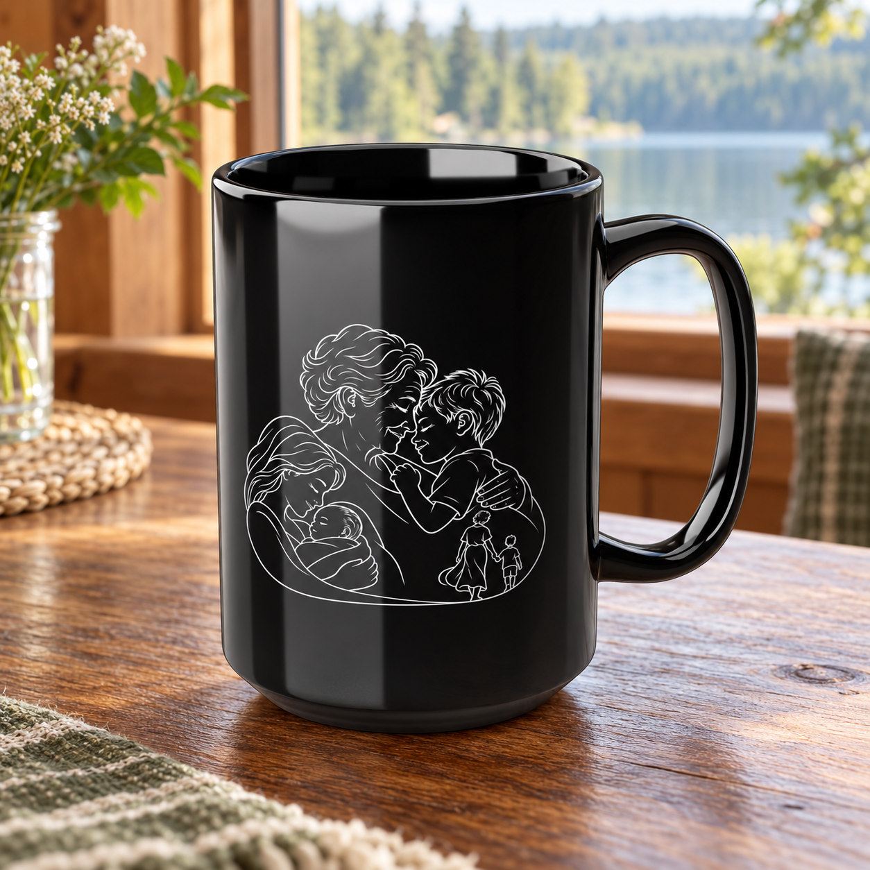 Grandmother/Boy black ceramic mug with white family line artwork and handle facing right, beside a sunlit window overlooking trees and a lake.