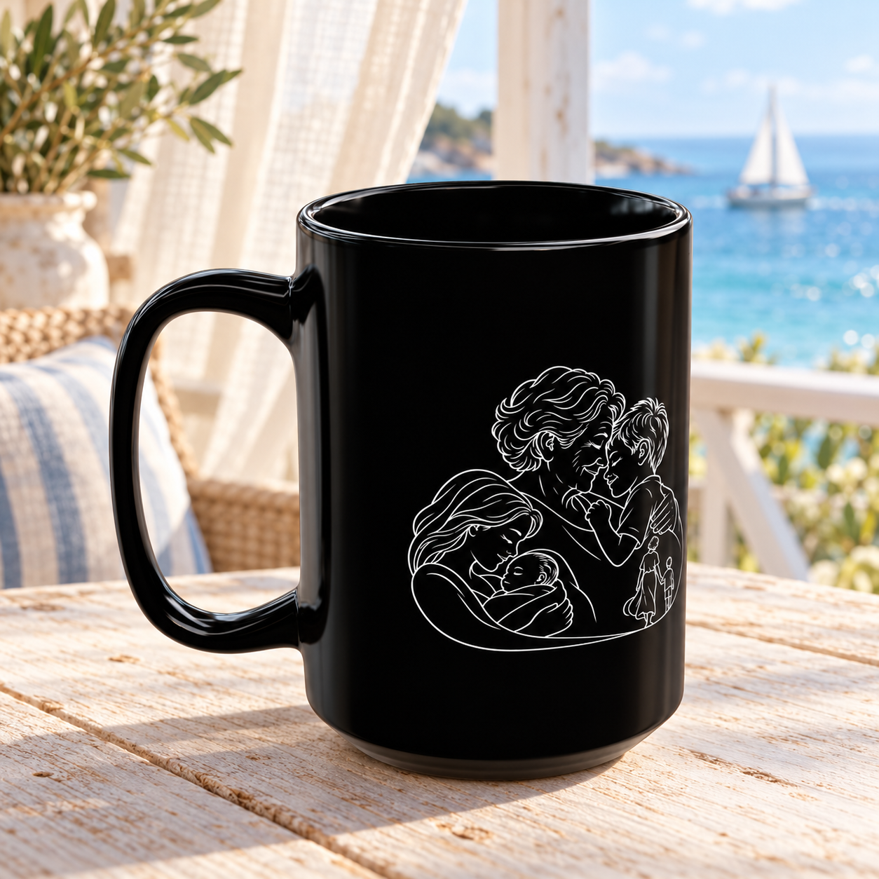 Grandmother/Boy black ceramic mug with white line artwork of a grandmother and little boy, handle facing left, with blue ocean and sailboats beyond sheer curtains.