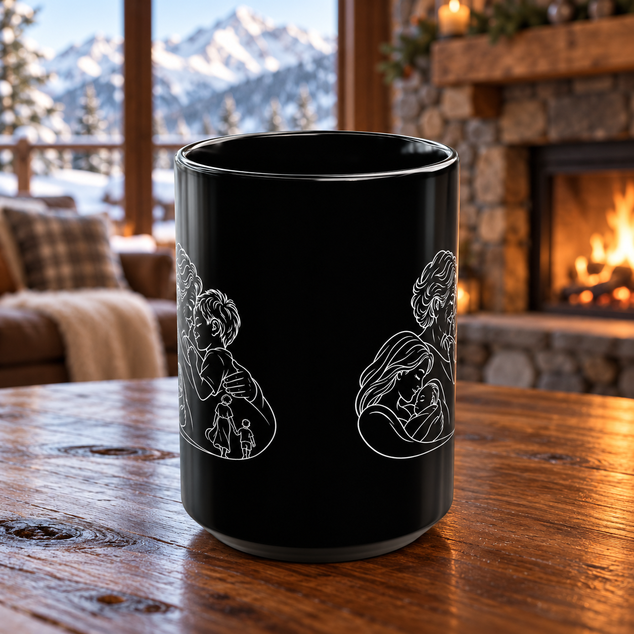Grandmother/Boy black ceramic mug showing white artwork on both sides, on a wooden table beside a fireplace and snowy mountain view.