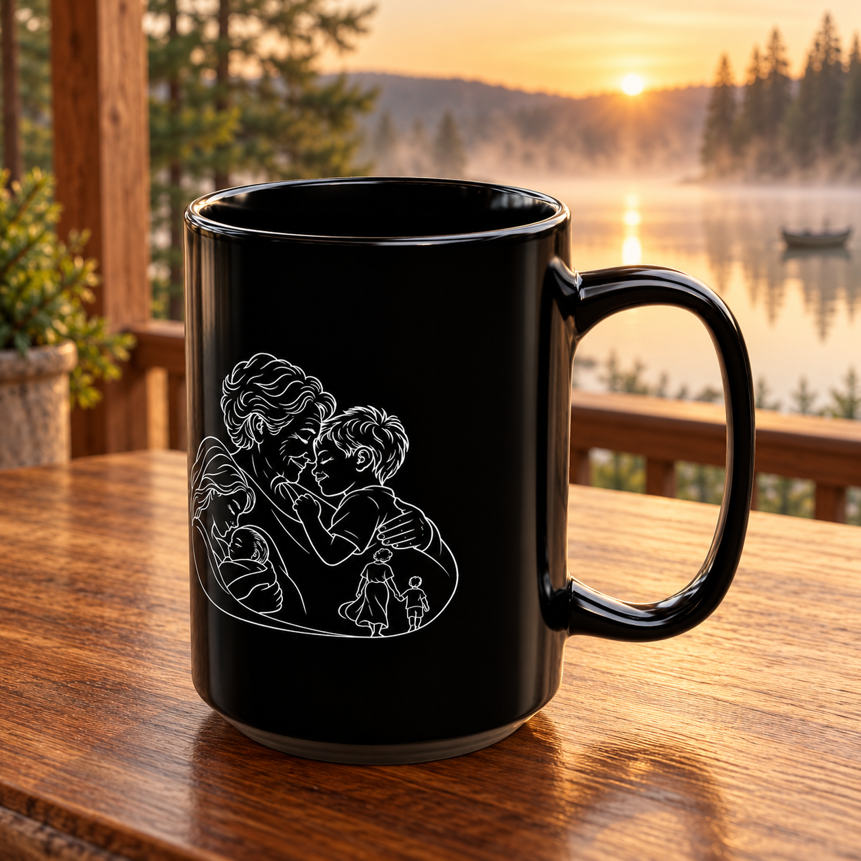 Grandmother/Boy black ceramic mug with white line artwork and handle facing right, on a wooden table beside a window overlooking a lake at sunset.