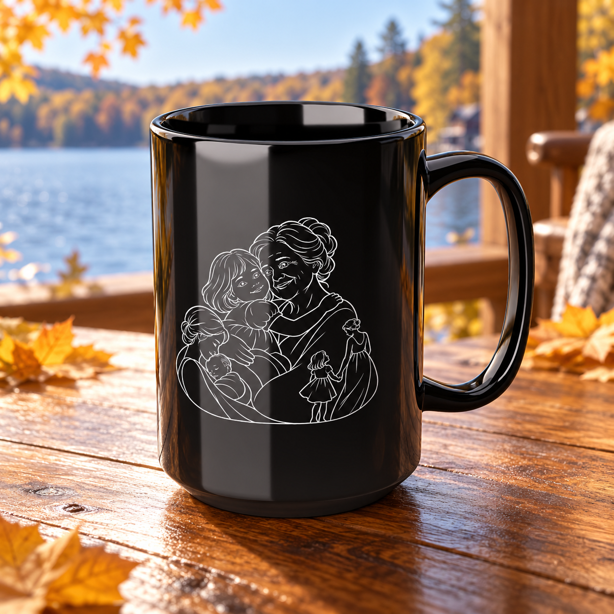 Grandmother/Girl black ceramic mug with white line artwork and handle facing right, on a wooden table beside a window overlooking an autumn lake.