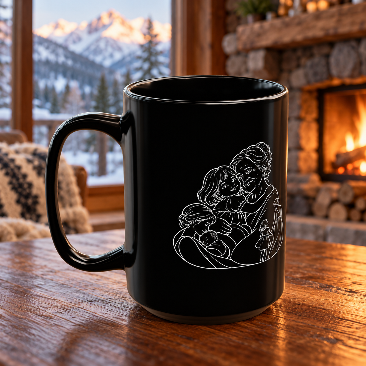 Grandmother/Girl black ceramic mug with white family line artwork and handle facing left, on a wooden table beside a fireplace and snowy mountain view.