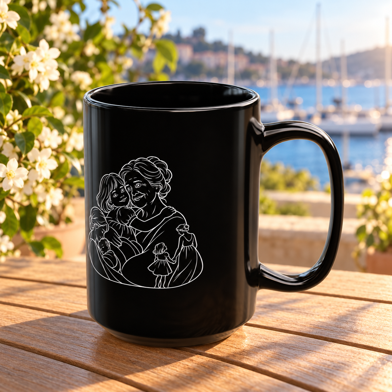 Grandmother/Girl black ceramic mug with white line artwork of a grandmother and little girl, handle facing right, on a wooden table overlooking a sunny marina.
