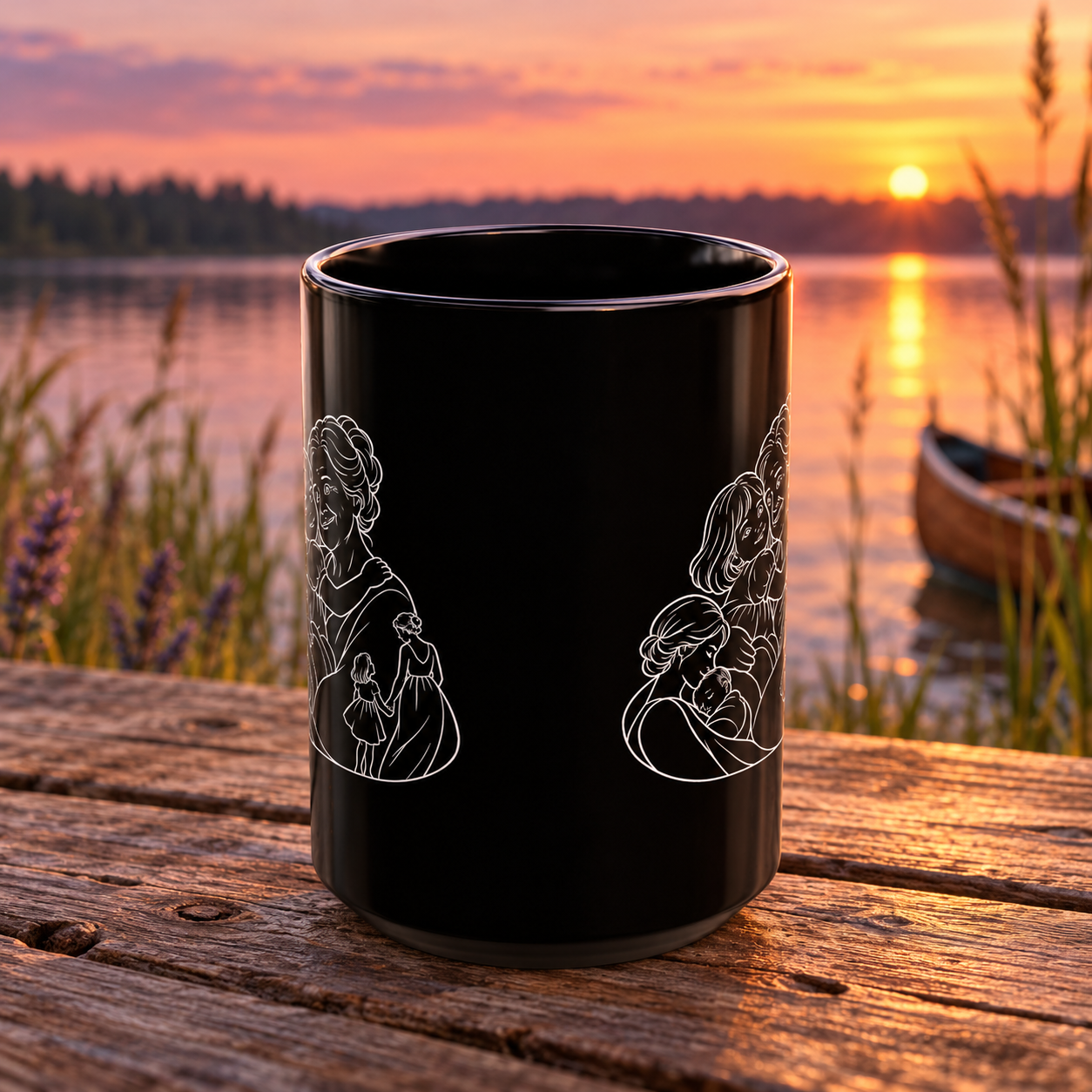 Grandmother/Girl black ceramic mug showing white artwork on both sides, on a wooden table beside a lake at sunset.