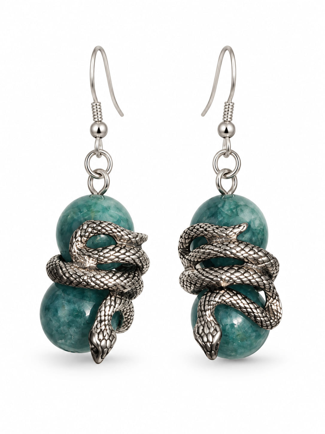 Handmade green chalcedony drop earrings with two polished natural stone beads, detailed silver-tone snake charms and 925 sterling silver hooks.